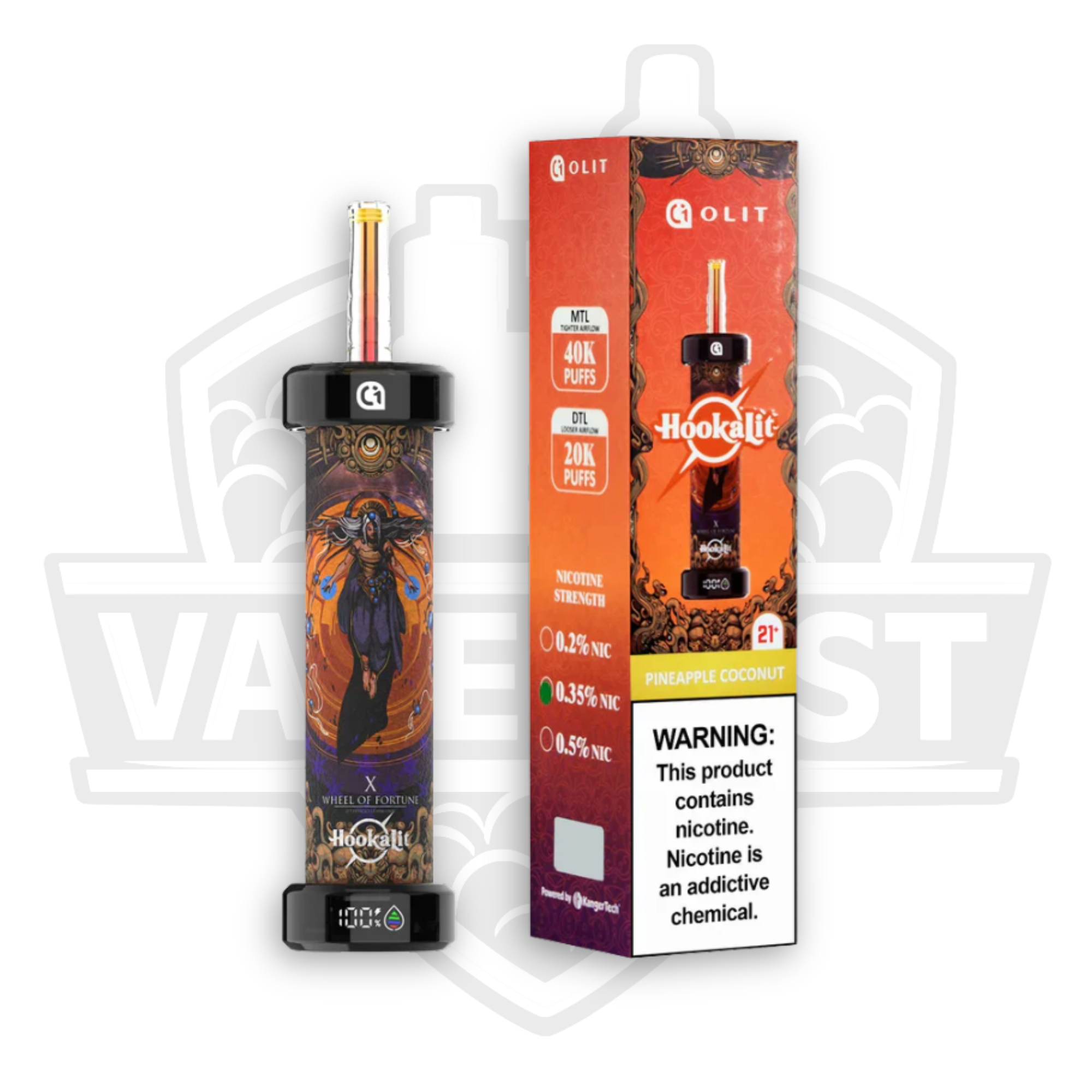 Vape device and packaging with 'Hooklit' branding on a white background