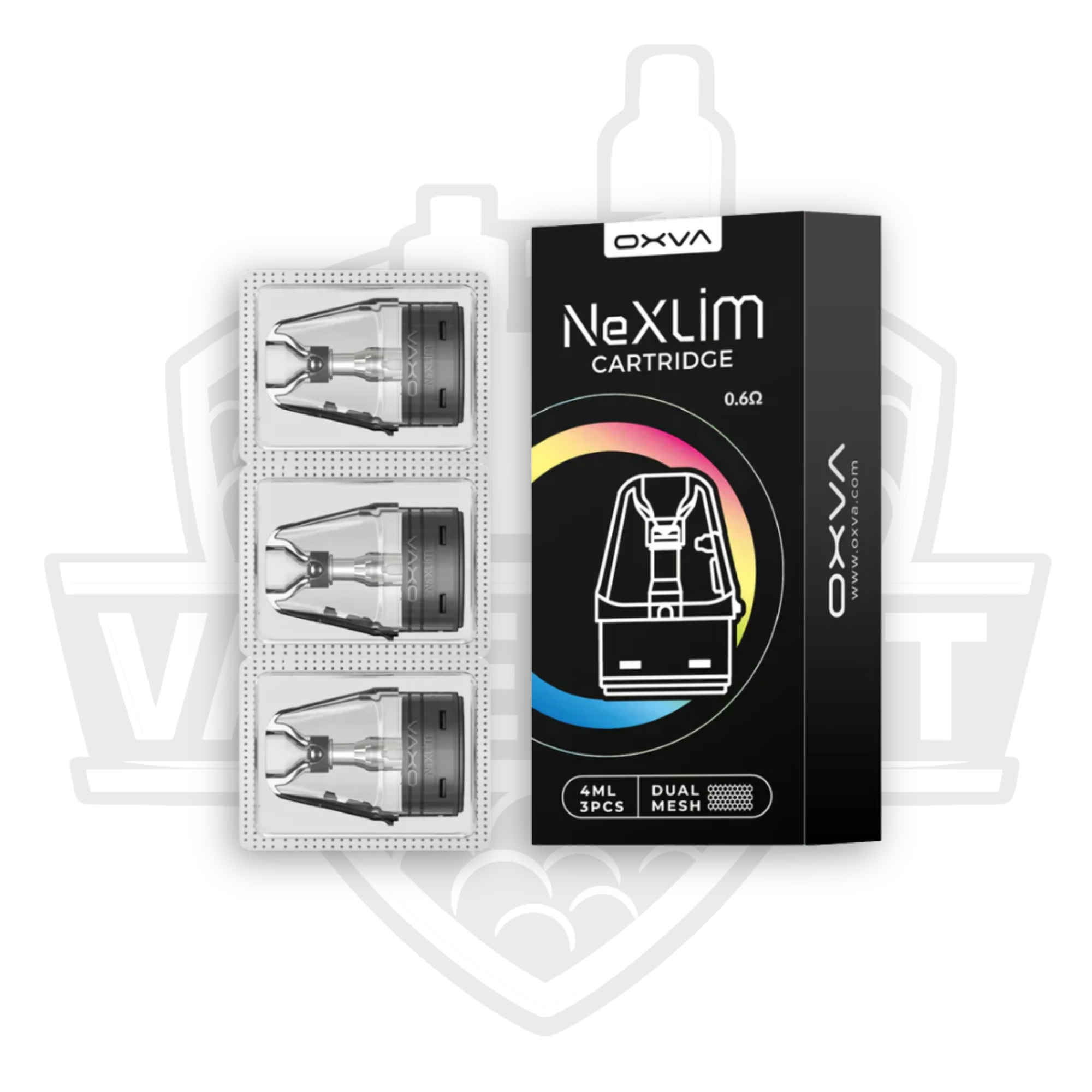 OXVA NeXlim cartridge packaging with three cartridges on a white background